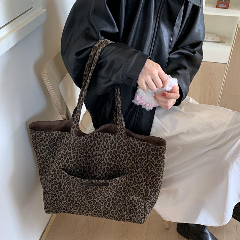 Retro Leopard Tote Handbags for Women College Girls Class Book Shoulder Bags Casual Double-sided Female Large Shopping Bag