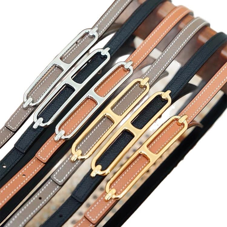 Women's Genuine Leather Pig Nose Buckle Belt - 1.3cm Thin & Stylish Cowhide Waist Belt