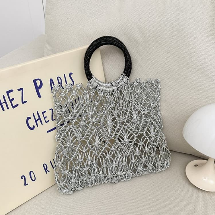 Плетеная вручную ажурная сумка-шоппер женская пляжная сетчатая сумка серебряный