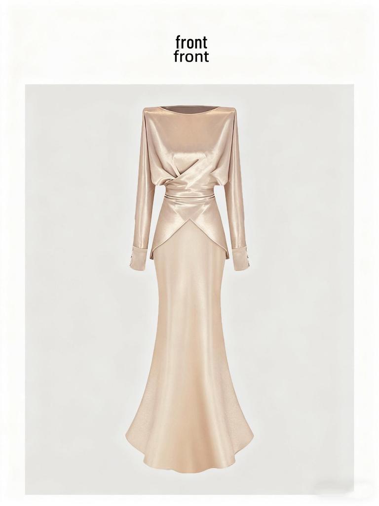 Elegant Champagne Acetate Suit for Women: Satin Top & Fishtail Skirt Set (Spring/Autumn)