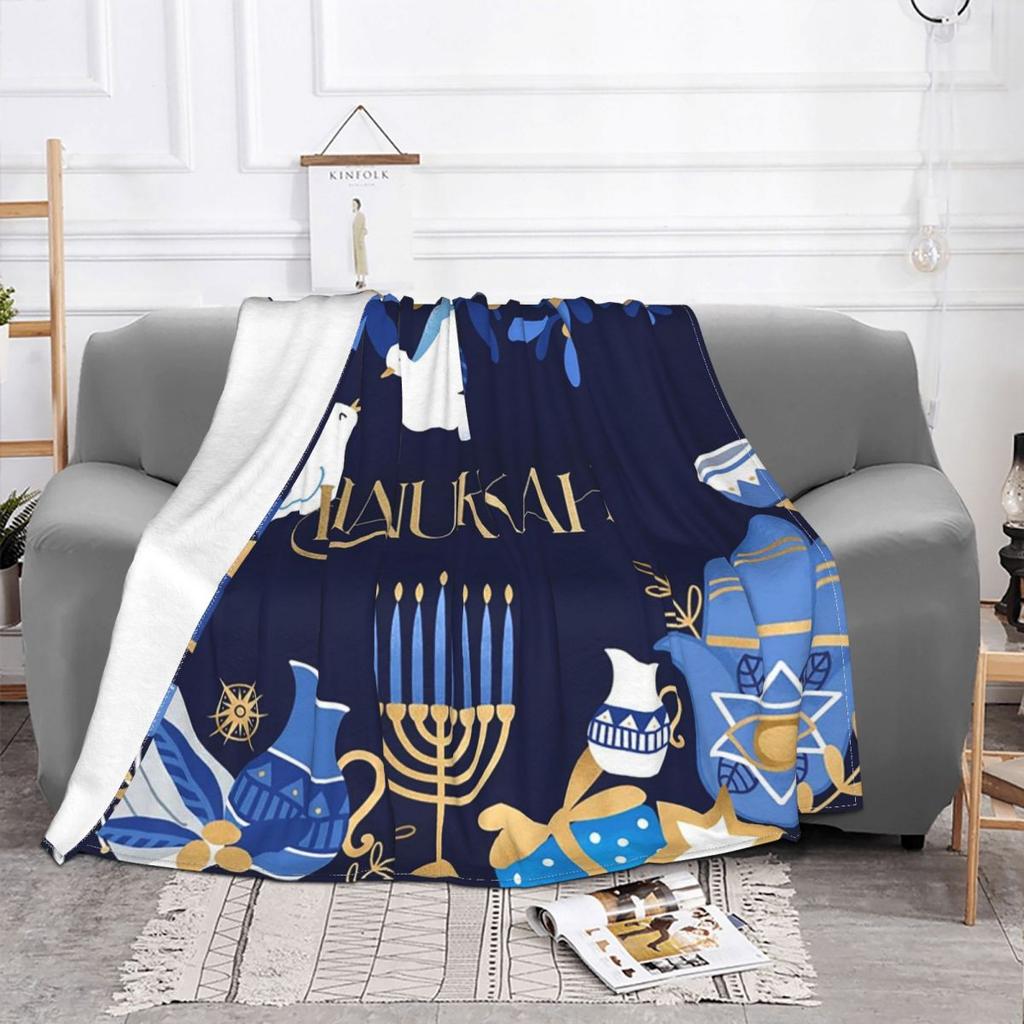 Happy Hanukkah Jewish Menorah Fleece Blanket Religious Funny Throw Blankets for Home Hotel Sofa 125*100cm Plush Thin Quilt