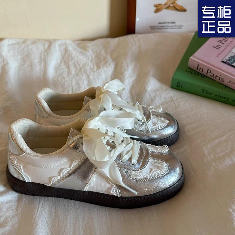 Niche lace training shoes women's new silver shoes ballet casual sports little white Forrest Gump board shoes
