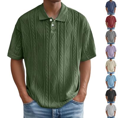 Camisa de Textura Relajada con Cuello Retro, Camiseta Transpirable de Manga Corta para Hombre