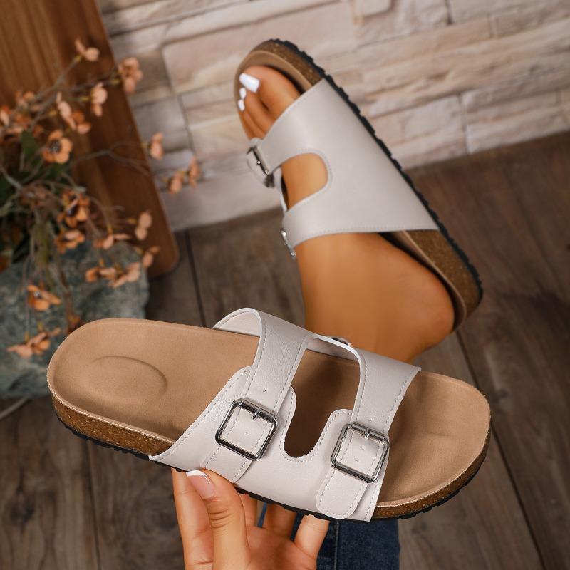 Flat Slippers Autumn New Round Head Open Toe Metal Buckle Thick Bottom Non-slip Wear-resistant Flip Flops