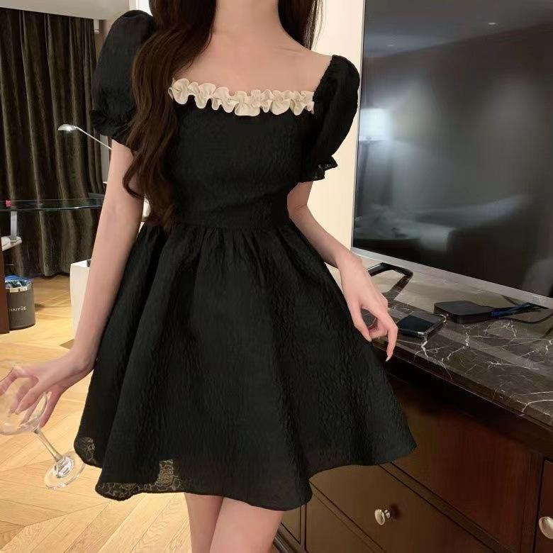 Fat mm French halter bow dress women s design sense bubble sleeves large size skirt black slim short skirt summer S чёрный