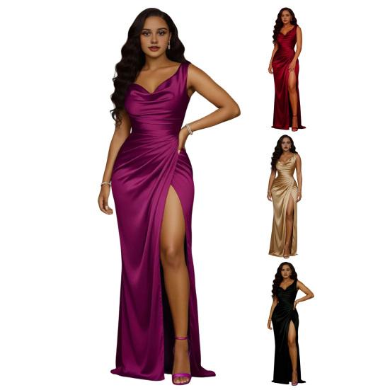 Women's Satin Ruched High Slit Bodycon Maxi Dress Sexy Sleeveless Cocktail Party Wedding Guest