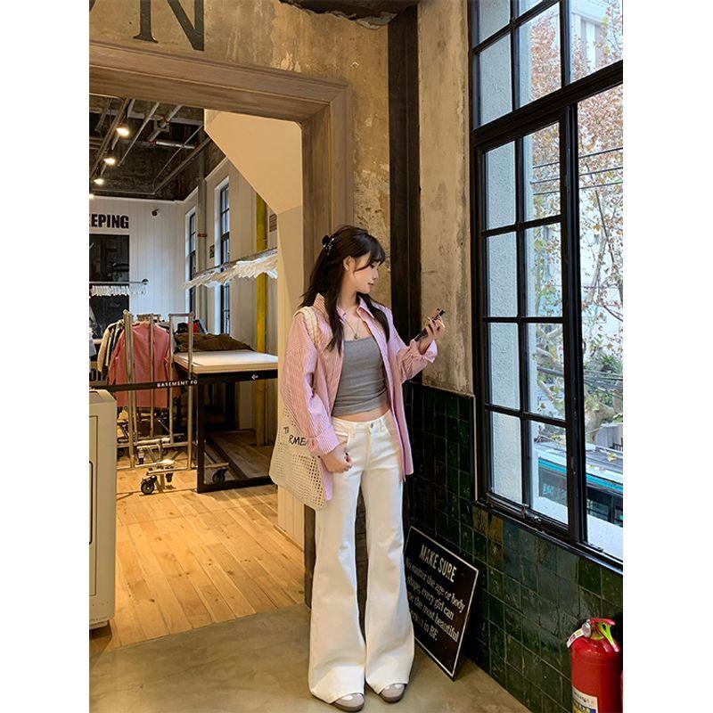Small American Sweet and Spicy Slim Looking White Denim Female Mop Pants Popular This Year Stylish Niche Style Bootcut Trousers
