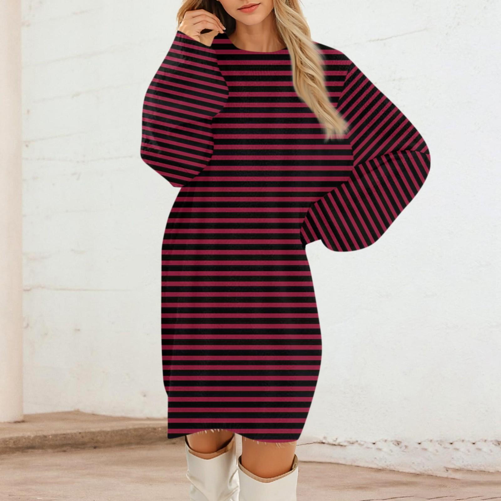 Women s Round Neck Casual Long Sleeve Plush Gradient Stripe Dresses L