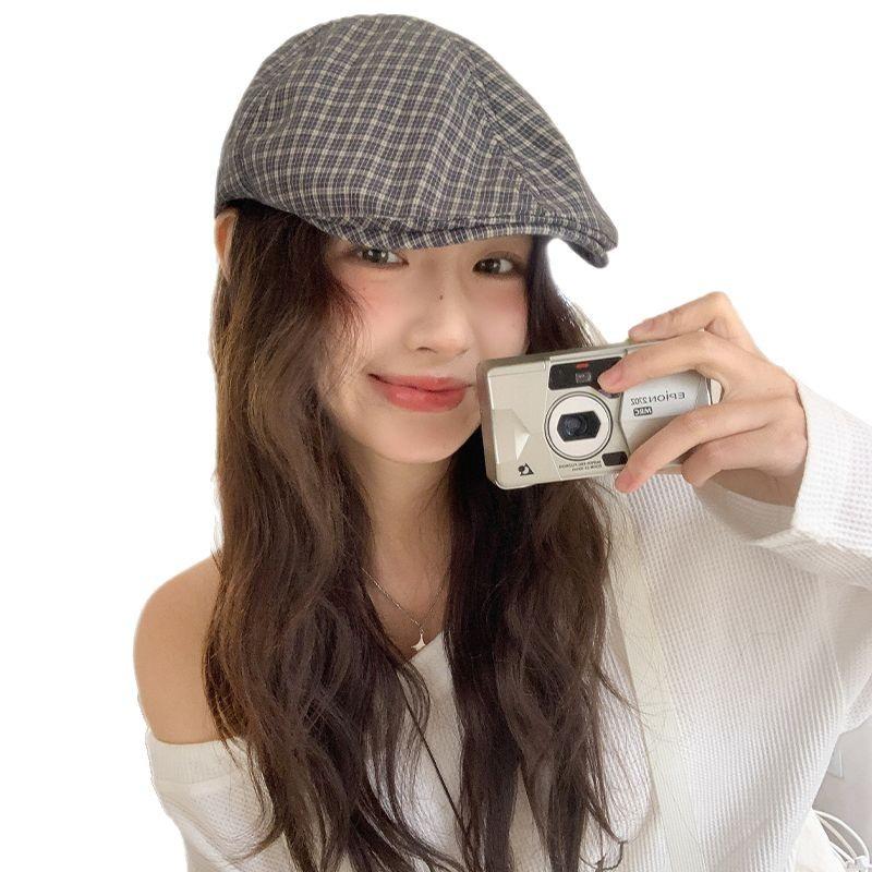 Retro Plaid Forward Hat Showing the Face Small Painter Hat Thin Breathable Literary and Versatile Beret Newsboy Hat Female