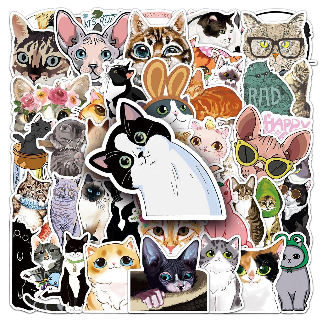 50 Cute Cat Cartoon Stickers for Notebook, Luggage, Car, and Scooter