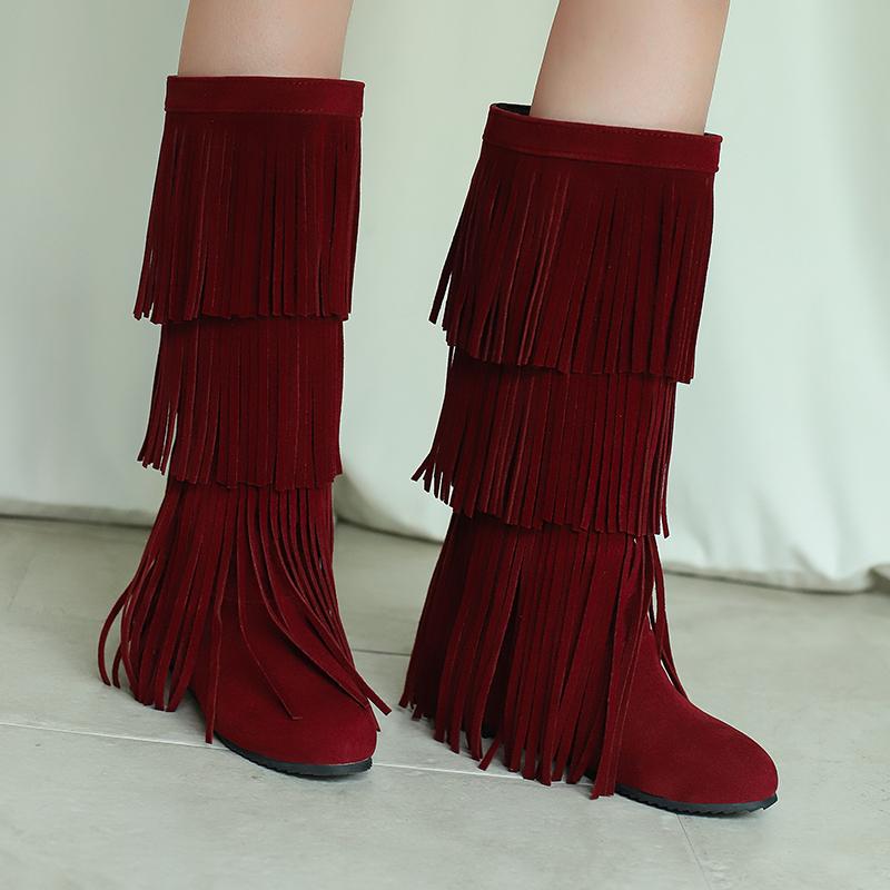 Plus Size Frosted Suede Material Three Sections Of Tassels Fine Stripes Flat Bottomed Sloping Heels Retro Midsole Boots