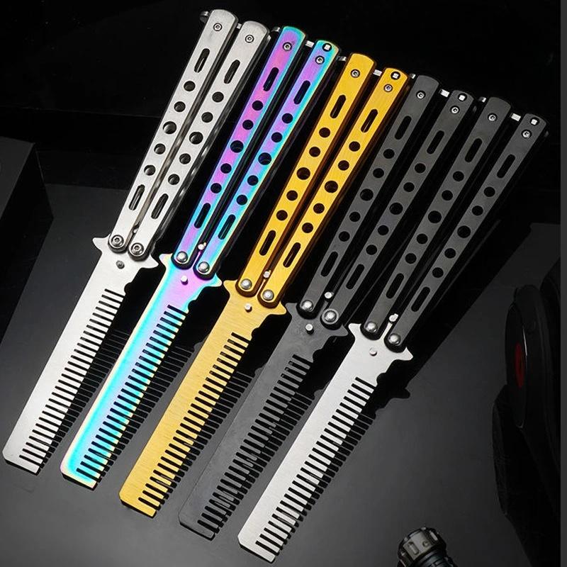 1Pcs Stainless Steel Practice Training Butterfly Knife Comb Beard Moustache Brush Salon Hairdressing Styling Tool Foldable Comb