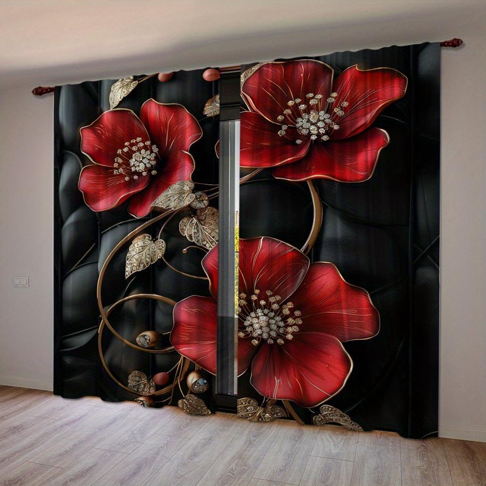 2 Stück Halbverdunkelungsvorhänge mit 3D-Blumendesign Polyestergewirkpaneele für Schlafzimmer Wohnzimmer Büro Fenster Stangentasche