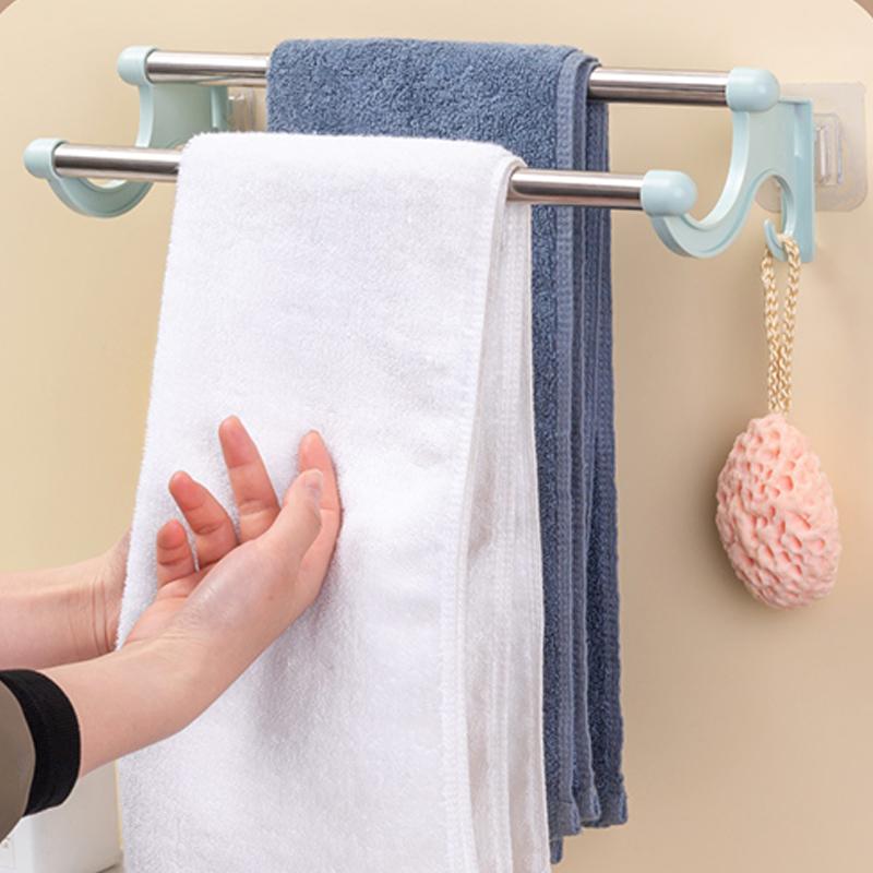 Stainless Steel Double Towel Holder No Need Perforated Rack Bathroom Kitchen Wall-Mounted Towel Rack Holder Bathroom Accessories