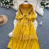 Retro Palace Style Dress for Women In Autumn and Winter A High-end Feel and Straps Waist Cinching Hollow Out Splicing Elegant Long Women Dress