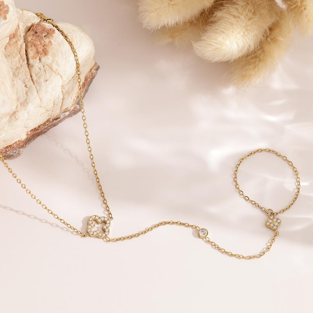 18K Gold Plated Stainless Steel Clover CZ Hand Chain Bracelet Ring Connected for Women Dainty