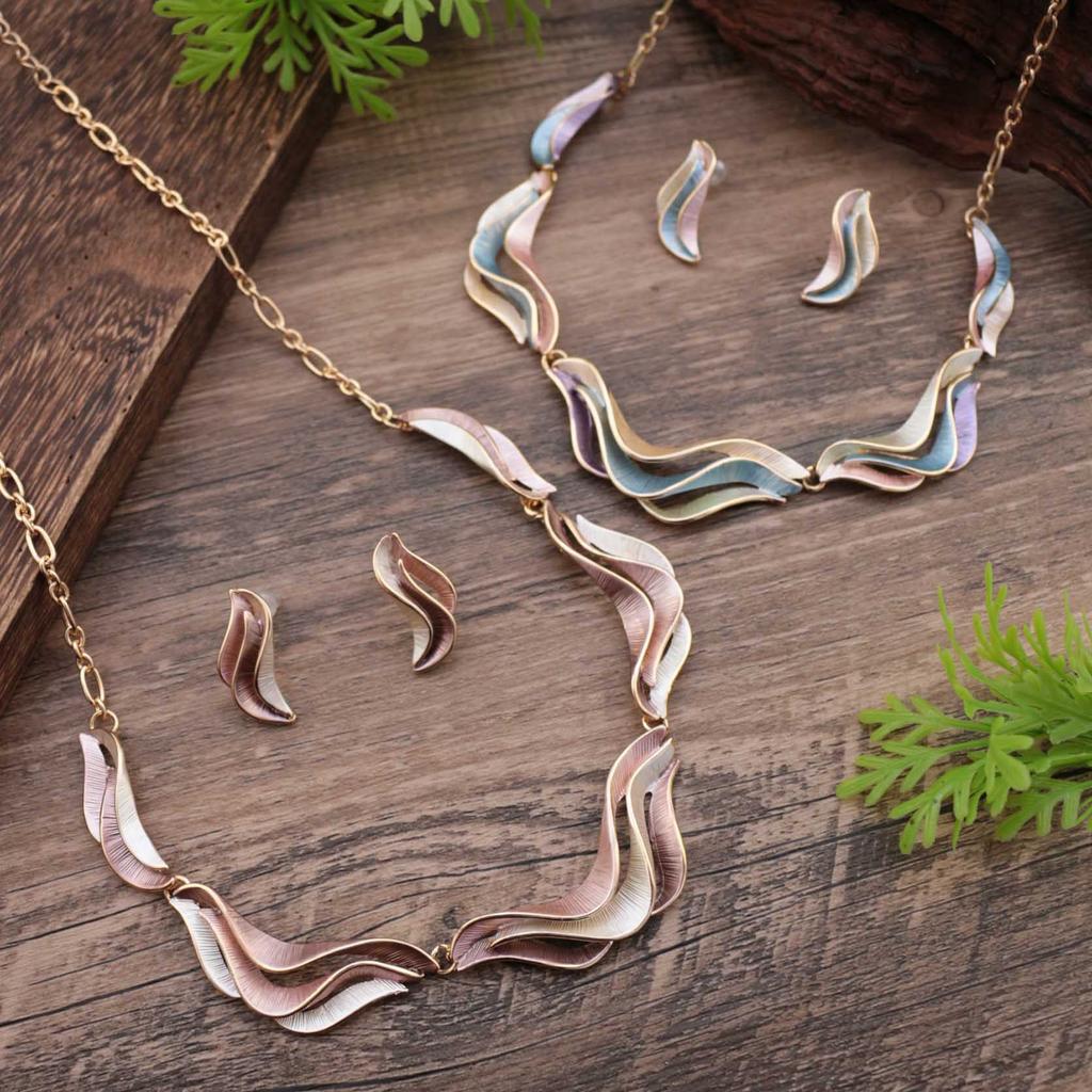 Enamel-colored Geometric Line Petal Stud Earrings and Necklace Set - Fashionable, Irregular Petal Necklace for Ladies