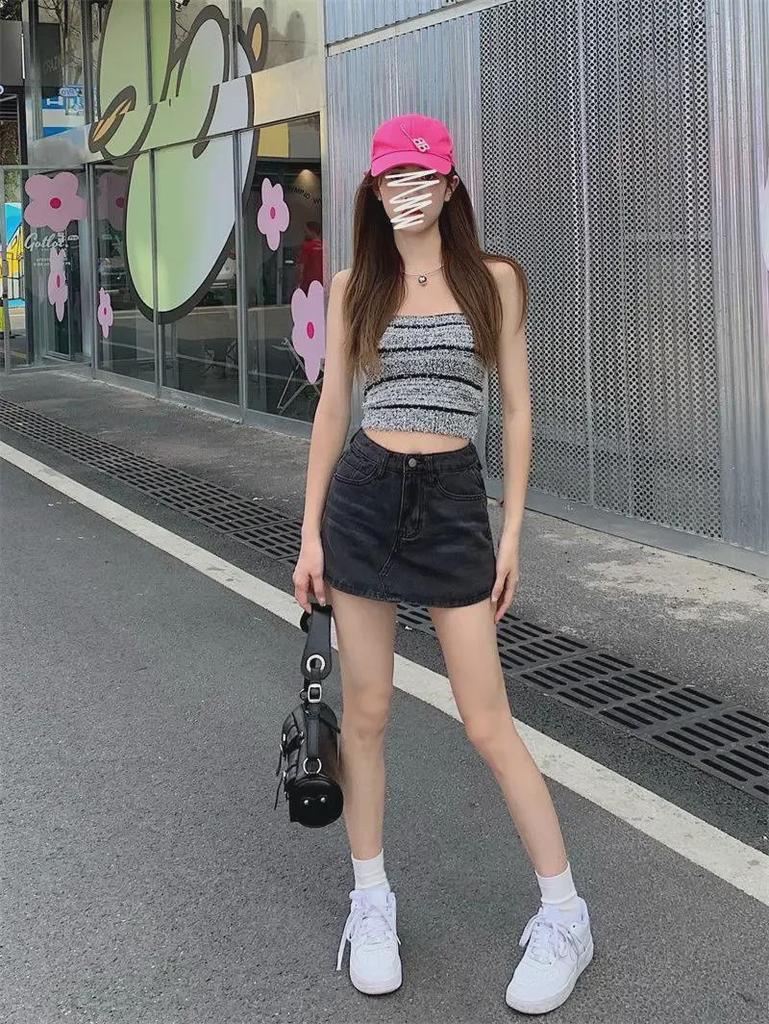 2025 Plus Size Spicy Retro A-line Denim Mini Skirt - High Waist Summer Skirt Pants for Women