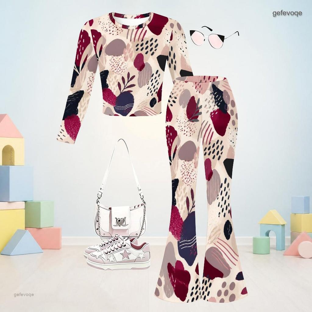 Girls Round Neck Long Sleeve Printed Top Flared Pants Two Piece Set