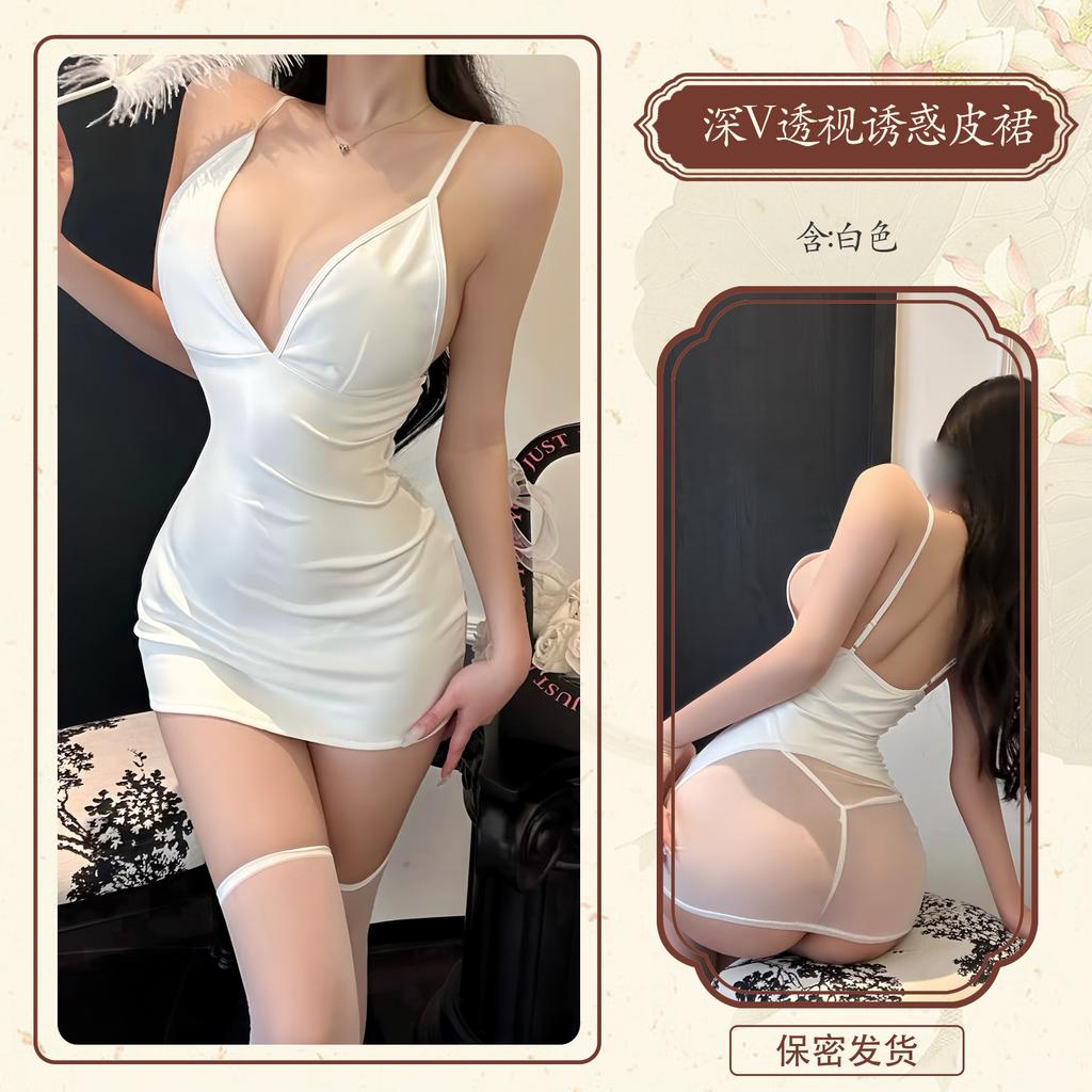 Sex underwear tight patent leather suspender skirt splicing mesh perspective hip skirt hot nightclub 9435