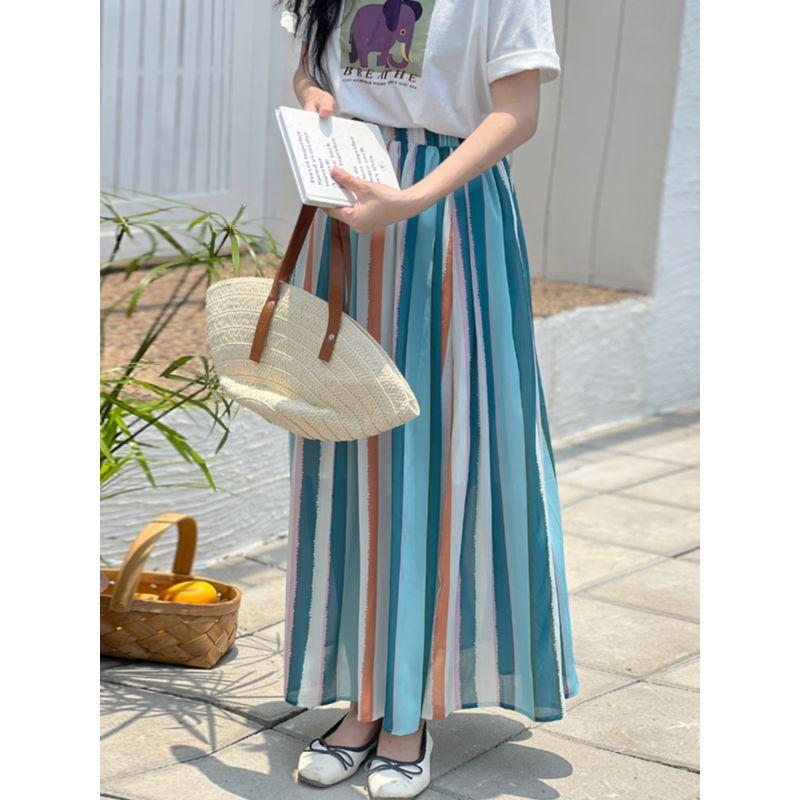 Spring and Summer New Arrival Women's Clothing Stripes Long Skirt A- Line Large Hem Long Skirt Elastic Waist Loose Slimming Stripes Stripes Skirt