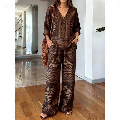 2026 new V-neck wide-leg pants set, European and American fashion style women s simple casual two-piece set women s S