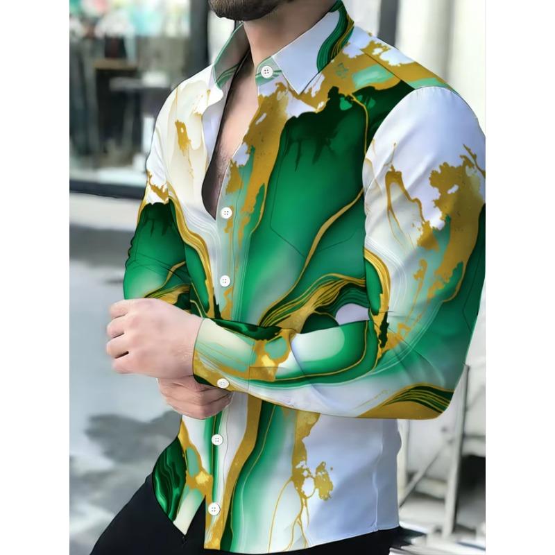 New men's casual shirt long sleeved slim fit 3D line printed shirt