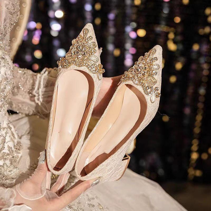 Niche high-end thick-heeled wedding shoes women's fashion versatile banquet rhinestone temperament high-heeled shoes women's 2025 spring and summer n