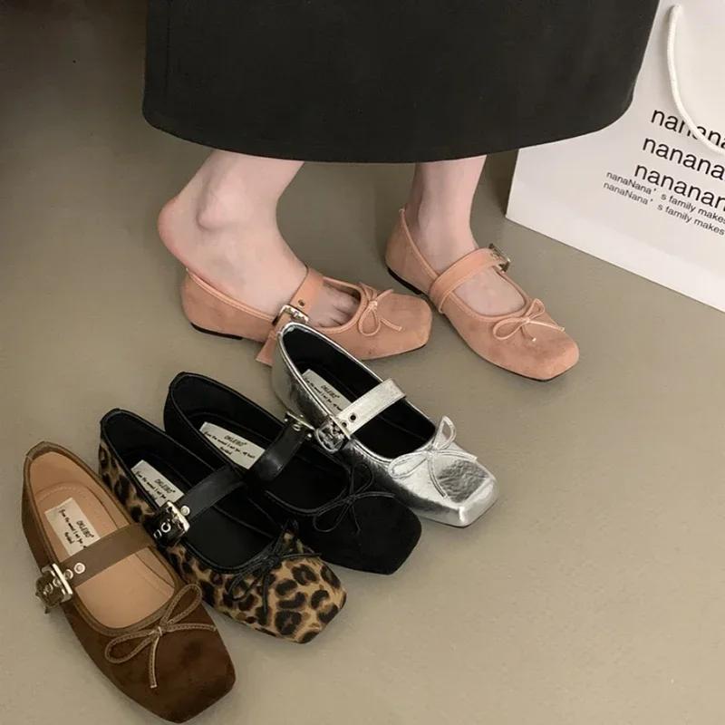 Fashion Leopard Print Women Mary Jane Shoes Fashion Shallow Butterfly-knot Flats Retro Style Ladies Comfort Soft Sole Ballerina Shoes