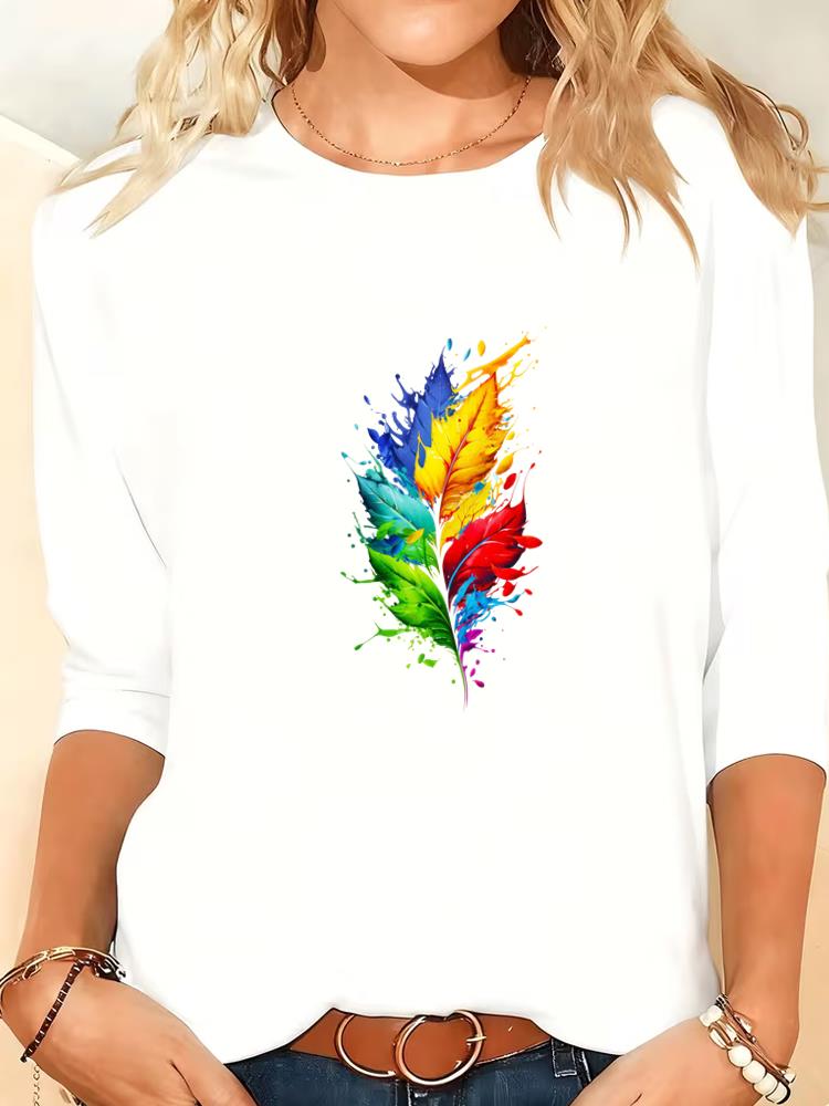 

(Asian Size) Lady Printed o-neck Women T Shirt Tee Female Clothing sweet love flower cute Casual Fashion Top Long Sleeve Graphic T-shirts S