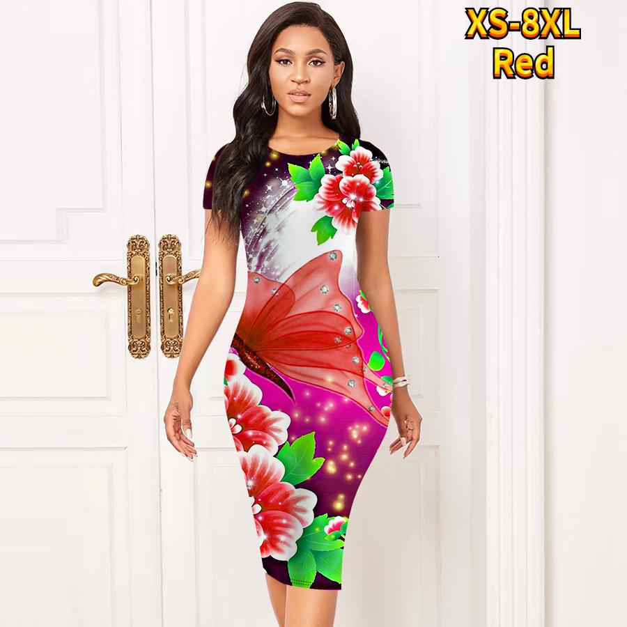 Slim Short Sleeve Knee-length Dress Fashion Women Midi 3D Flying Butterfly Print Dress