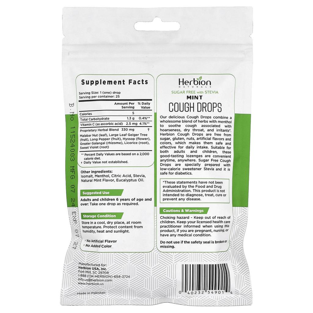 Cough Drops, Sugar Free, Mint, 25 Individually Wrapped Tablets