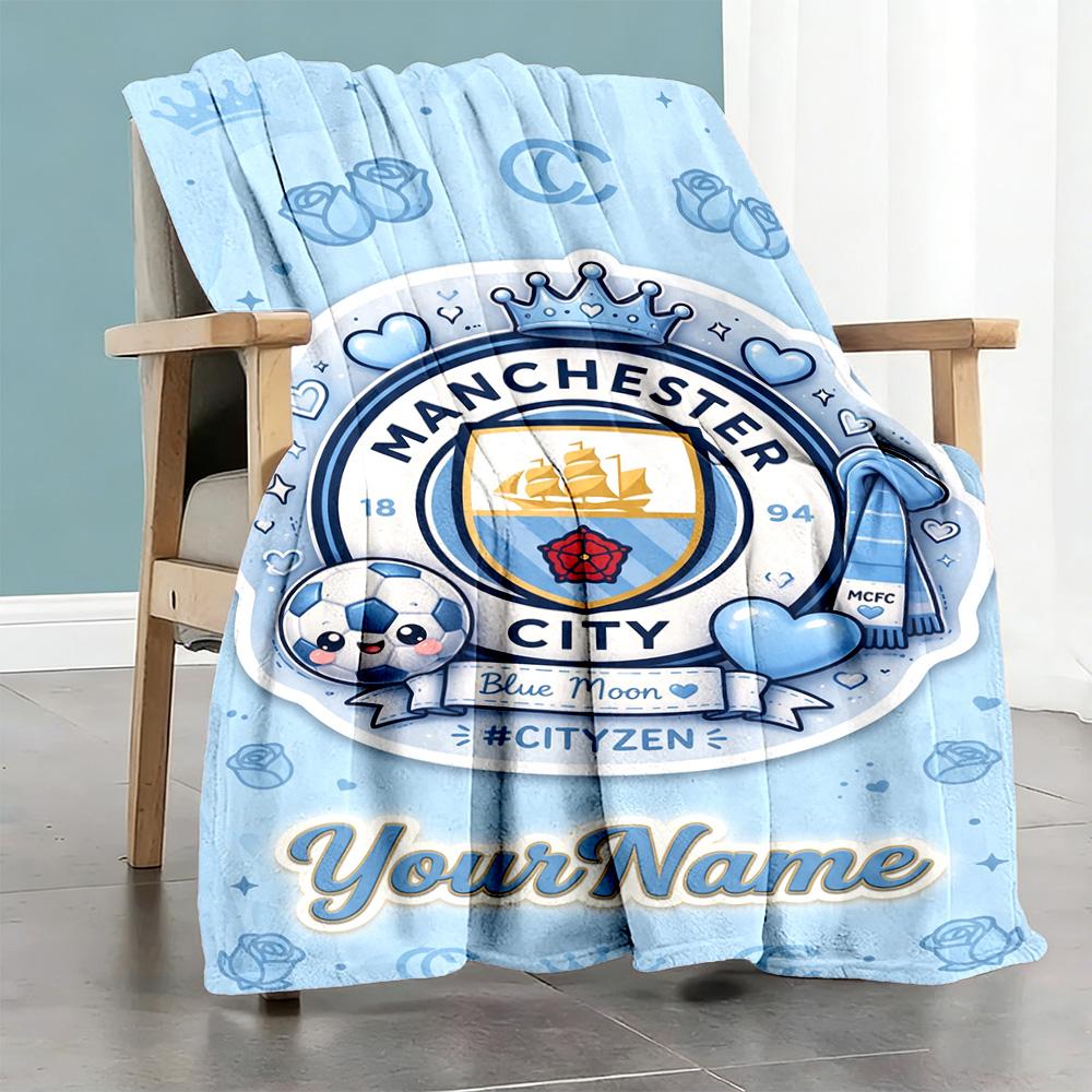 Manchester City Personalized Text Blanket Lightweight Personalized Blanket Durable Comfort Suitable for Couch Office Chair Livingroom Chair