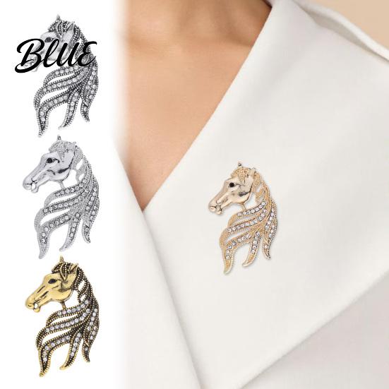 Horse Head Brooch Retro Rhinestone Pin Women Men Zinc Alloy