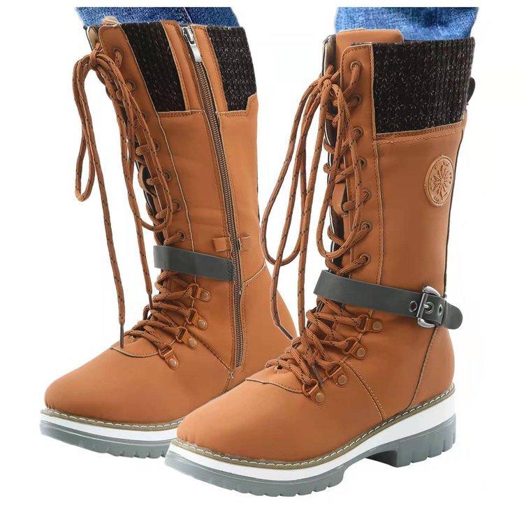Independent station wish autumn and winter foreign trade large size women's high-top long tube belt buckle wool mouth lace up Martin boots boots