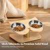 Wooden Pet Feeding Stand with Stainless Steel Bowls Compact for Cats, Young Dogs