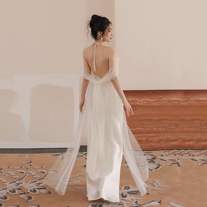 Korean Light Wedding Dress Champagne Morning Gown Dress 1011 Summer New Bridal Travel Photo Neck Sling Wedding Dress
