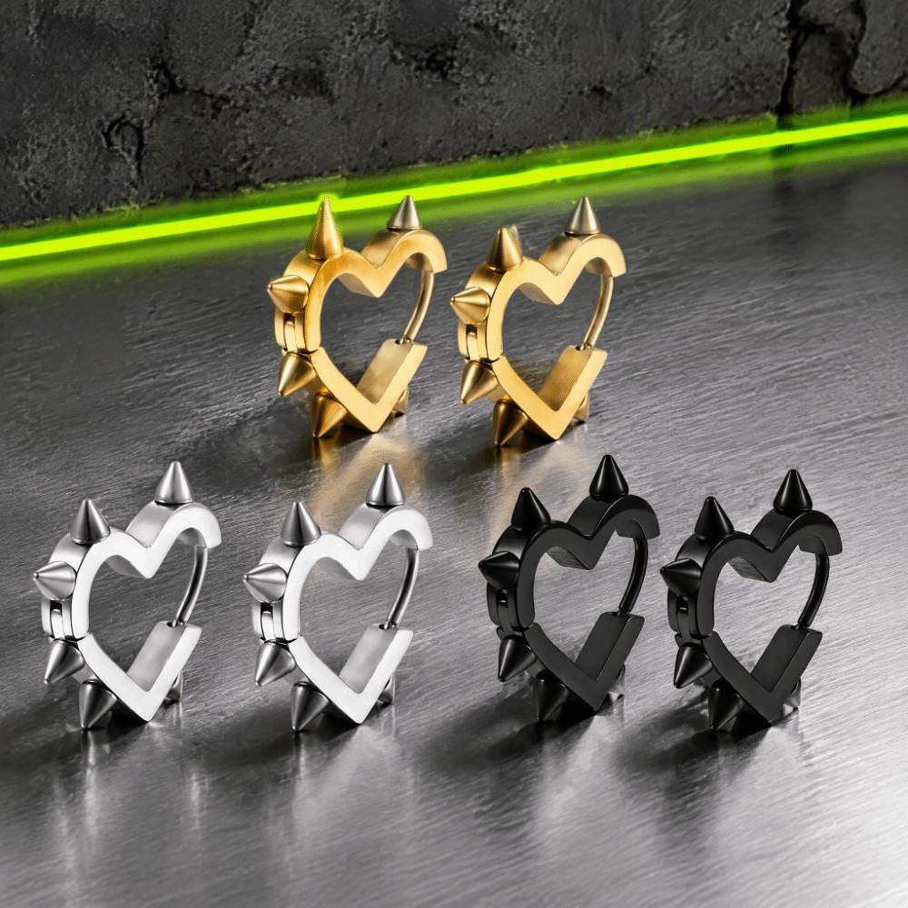Geometric Design Heart Hoop Earrings Silver Color Rivet Earrings Cool Piercing Earrings For Women