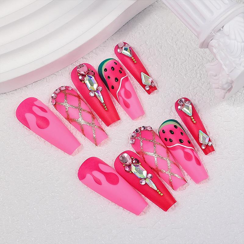 

24Pcs for Girl Women with Rhinestone Fake Nails Watermelon Pattern Press-On Nails Long Ballet