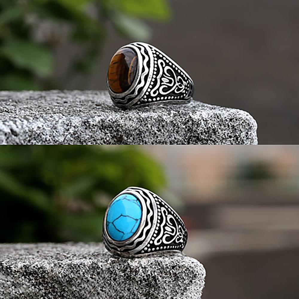 Men's Vintage 316L Stainless Steel Oval Opal Green Stone Rings Rock Hip Hop Fashion Jewelry Wedding Rings Accessories Wholesale