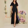 Women's Holiday Dress Solid Color Short-sleeved V-neck Sexy High Waist Slit Long Dress