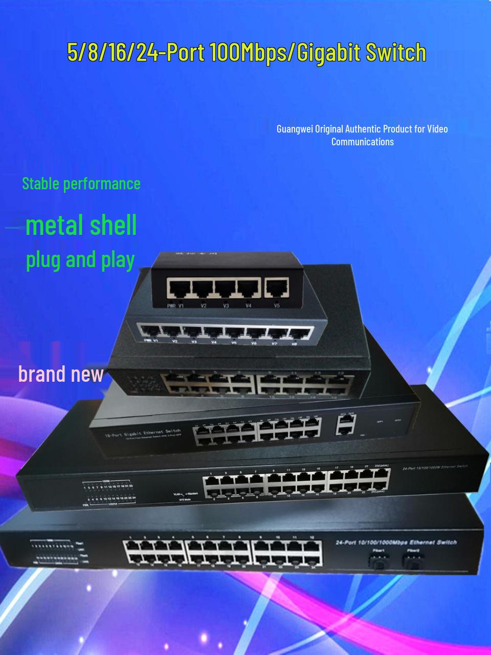 

Optical 8/16/24-Port Gigabit Ethernet Switch for Video, Network Monitoring, and Home Use - Model GW-WS01-8E Black 8-Port 100M