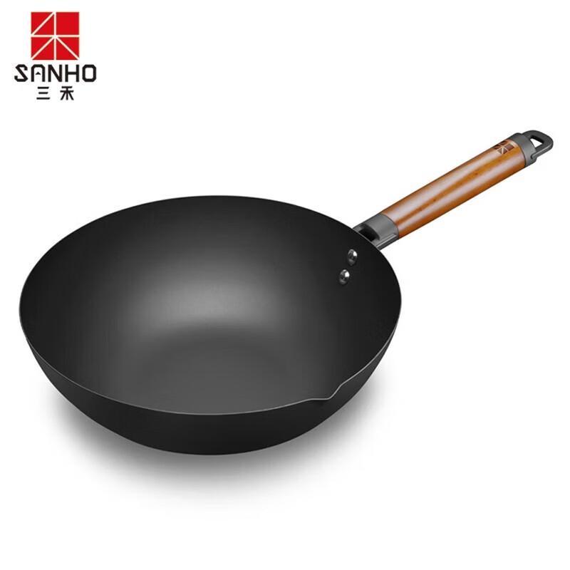 Sanhe 30cm Rust-Resistant Iron Wok with Solid Wood Lid