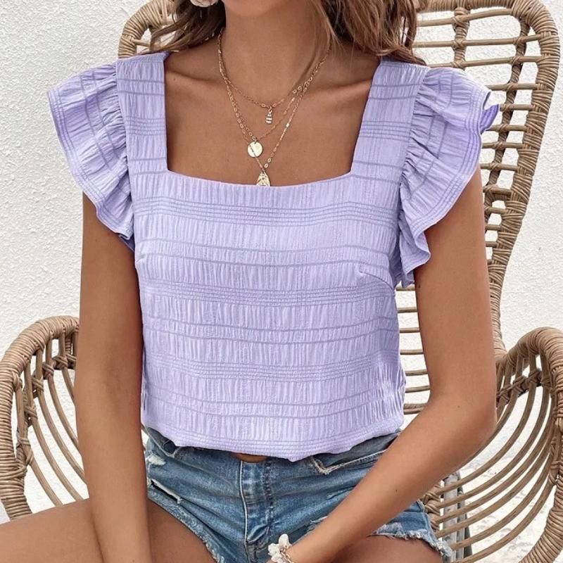 Solid Color Casual Blouses for Women Fashion Summer Fashion Women's Shirts Elegant Sweet Loose Ruffles Sleeve Female Tops