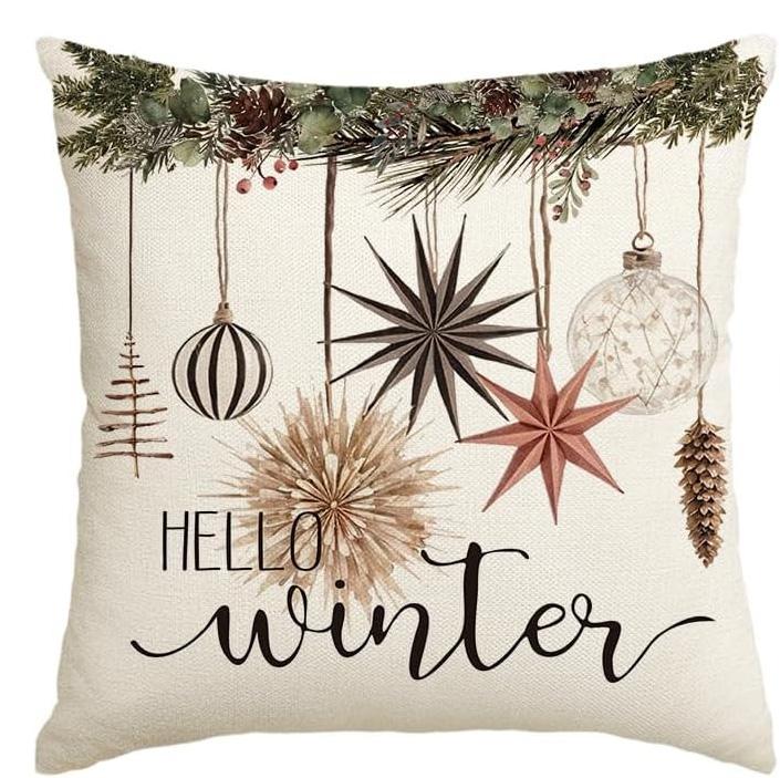 

Рождественские шары эвкалипт ягоды остролиста перчатки чехол для декоративной подушки, Рождественский зимний праздник синий полосатый коврик 16x16Inch