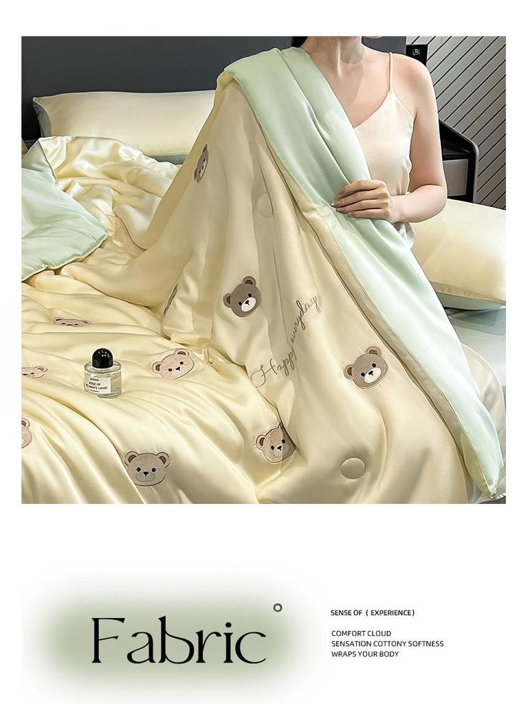 Summer Embroidery Silky Quilt Set – 4-Piece Bedding for Single/Double, Includes Bare Sleep & Air Conditioning Quilts