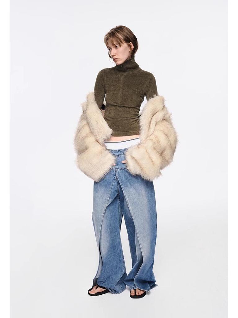 Women's Short Loose Faux Fox Fur Coat - Square Collar, Eco-Friendly, Autumn/Winter.
