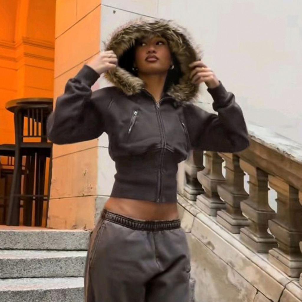 VAYLA Faux Furry Trim Hooded Fitted Cropped Jacket Y2K Long Sleeve Zipper Coat High Street Casual Autumn Winter Outfits