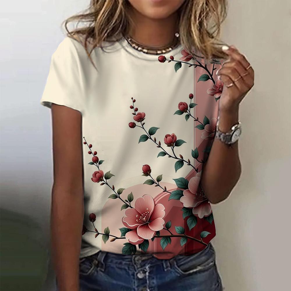 2025 New Summer Temperament Women's Floral Blue Printed Women's T-shirt Round Neck Short Sleeve Street Casual Daily Basic Tops