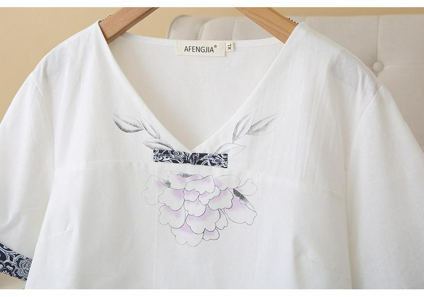 B1 Plus Size Women's Ethnic V-Neck Short Sleeve Cotton Linen Shirt - Summer 2026 Arrivals